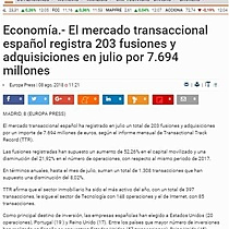 El mercado transaccional espaol registra 203 fusiones y adquisiciones en julio por 7.694 millones